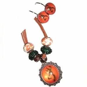 Set: Browning Deer Pendant Orange & Evergreen Necklace & Earrings